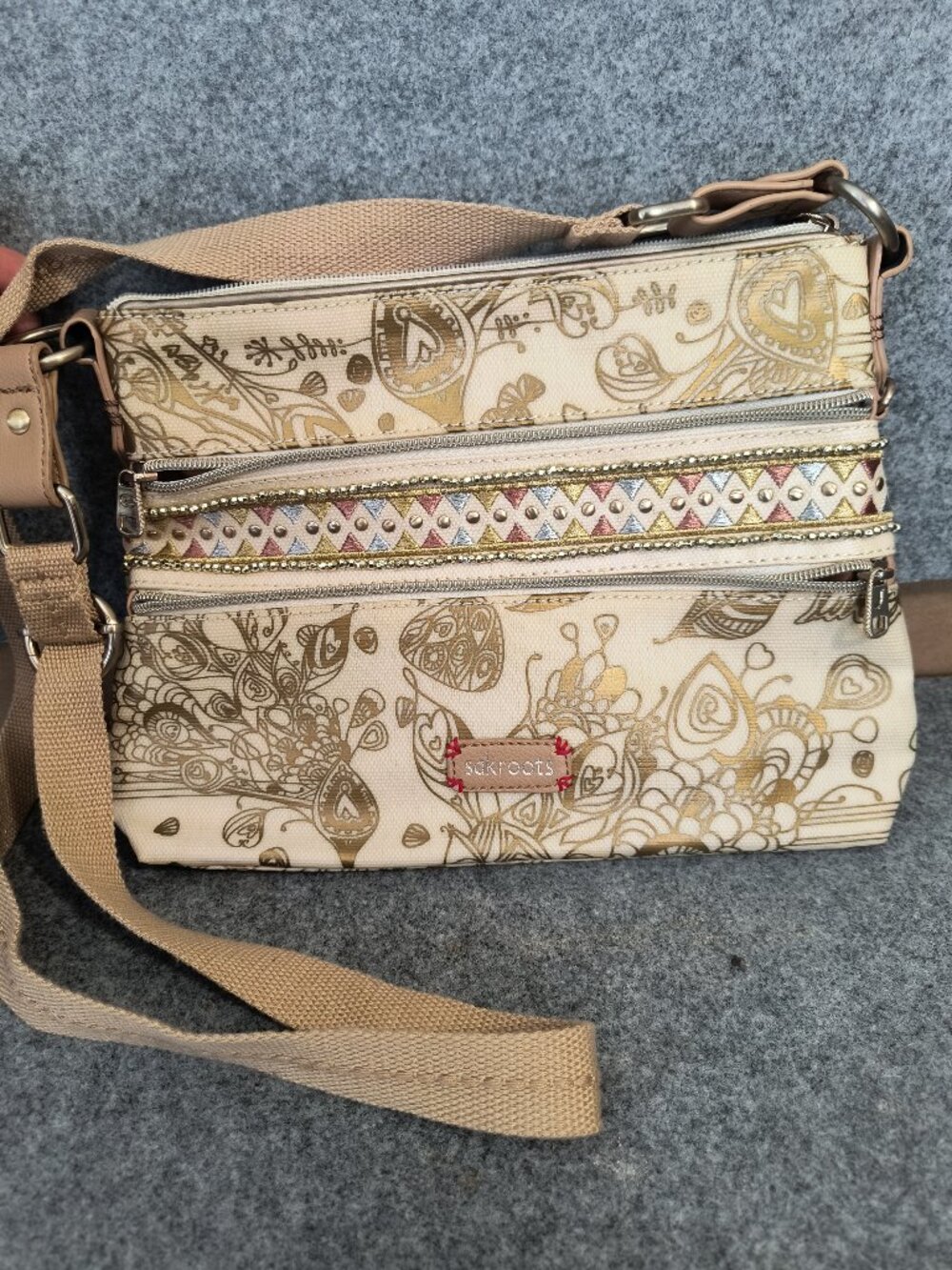 Sakroots Crossbody Bag Multi Zip Organizer Cream Gold Peace Peacock w/Adj Strap